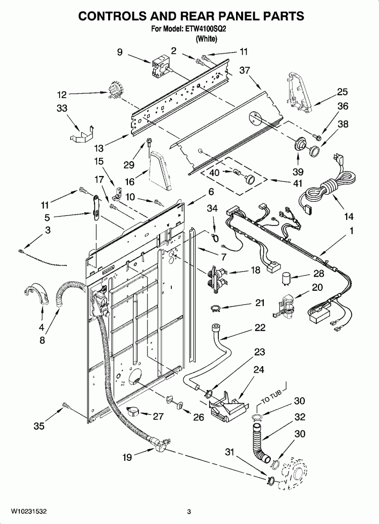 CONTROLS AND REAR PANEL PARTS Diagram and Parts List for ETW4100SQ2  Estate Washer