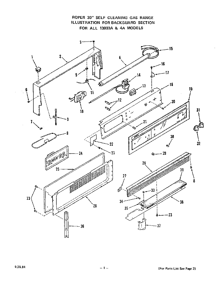 MAIN TOP Diagram and Parts List for 1393W4A  Roper Range