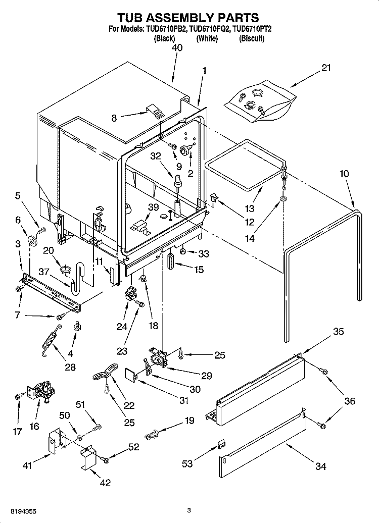 TUB ASSEMBLY PARTS Diagram and Parts List for TUD6710PQ2  Estate Dishwasher