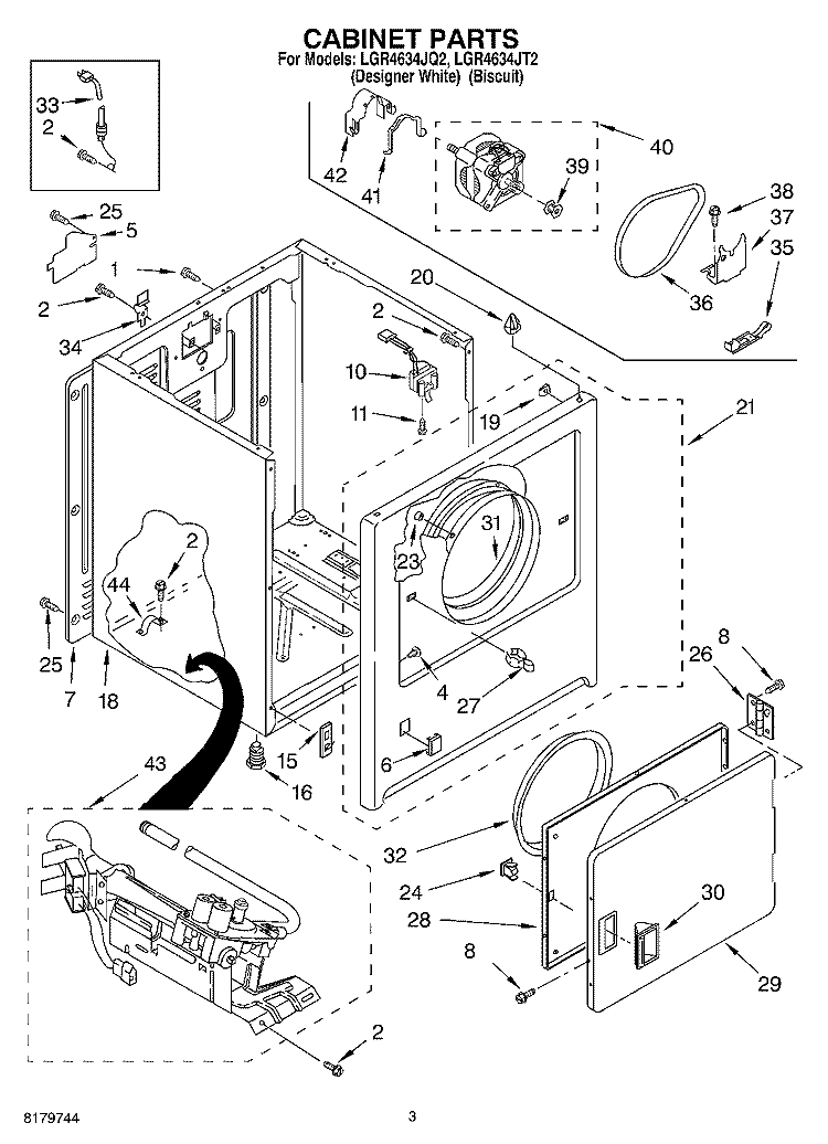 CABINET Diagram and Parts List for LGR4634JT2  Whirlpool Dryer