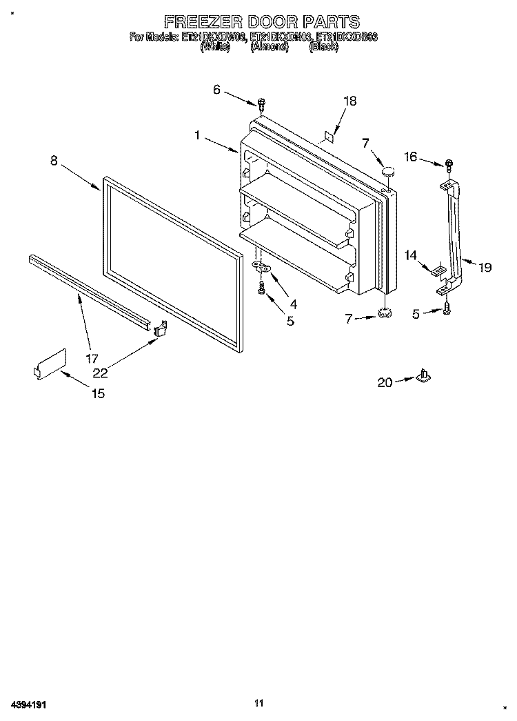 FREEZER DOOR, LIT/OPTIONAL Diagram and Parts List for ET21DKXDN03  Whirlpool Refrigerator