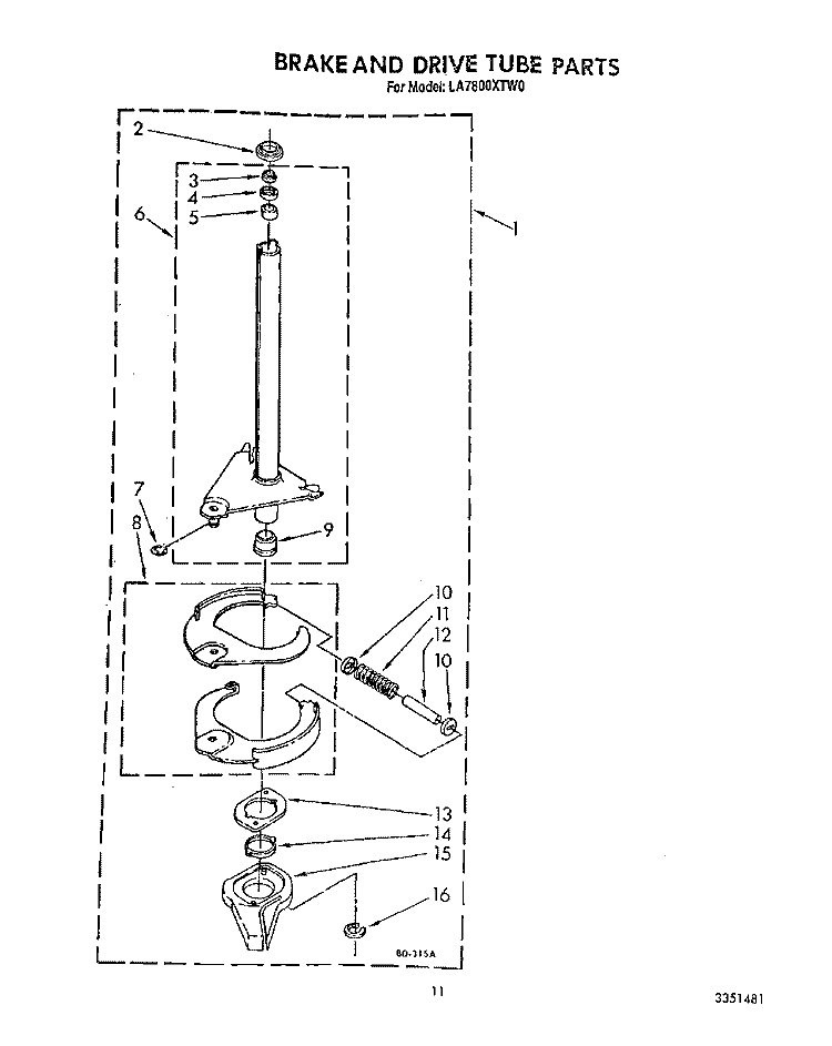 BRAKE AND DRIVE TUBE Diagram and Parts List for LA7800XTF0  Whirlpool Washer