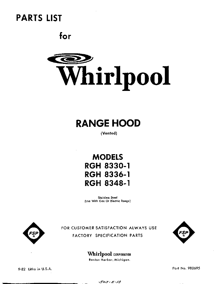 SECTION Diagram and Parts List for RGH83301  Whirlpool Range Hood