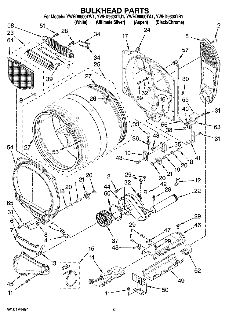 BULKHEAD PARTS Diagram and Parts List for YWED9600TU1  Whirlpool Dryer