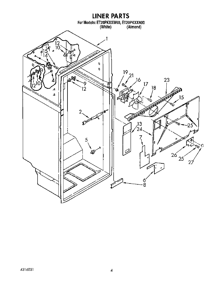 LINER Diagram and Parts List for ET20PKXXW00  Whirlpool Refrigerator