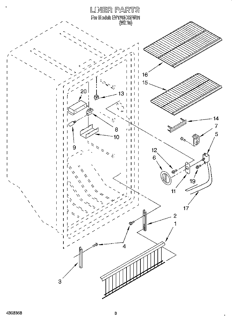 LINER Diagram and Parts List for EV170NXGW01  Whirlpool Freezer