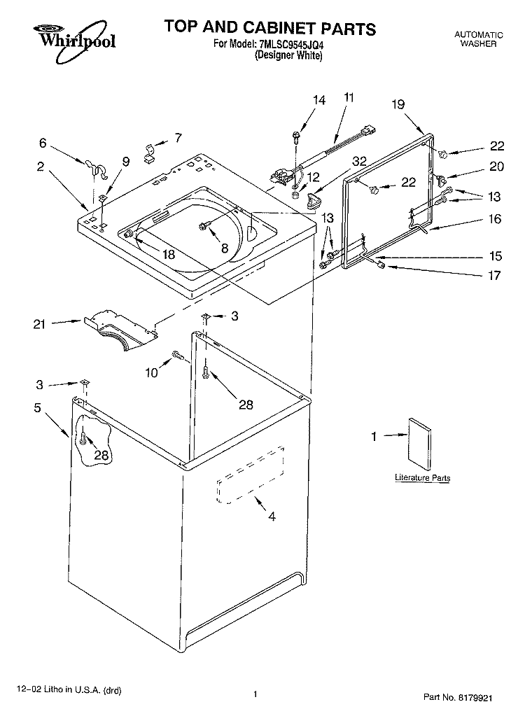 TOP AND CABINET PARTS Diagram and Parts List for 7MLSC9545JQ4  Whirlpool Washer