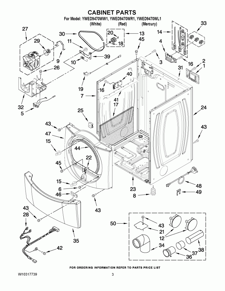 CABINET PARTS Diagram and Parts List for YWED9470WR1  Whirlpool Dryer
