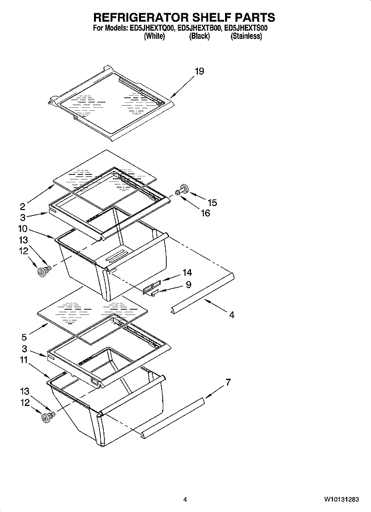 REFRIGERATOR SHELF PARTS Diagram and Parts List for ED5JHEXTS00  Whirlpool Refrigerator