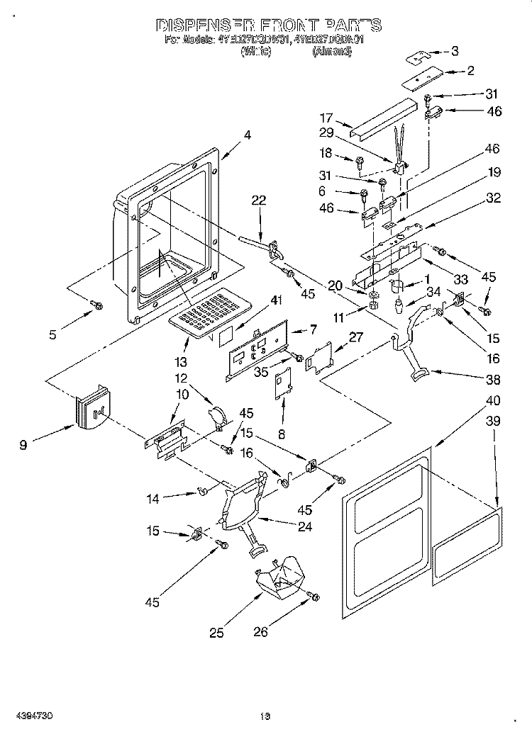 DISPENSER FRONT Diagram and Parts List for 4YED27DQDW01  Whirlpool Refrigerator