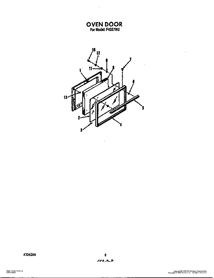 OVEN DOOR Diagram and Parts List for F4357W2  Roper Range
