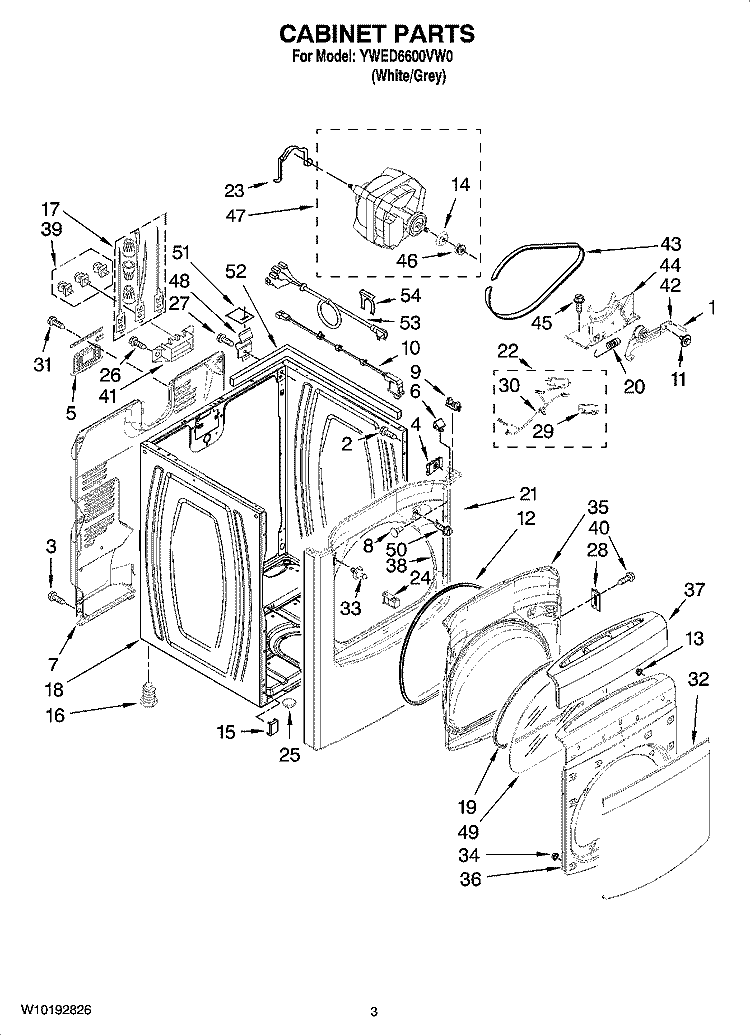 CABINET PARTS Diagram and Parts List for YWED6600VW0  Whirlpool Dryer