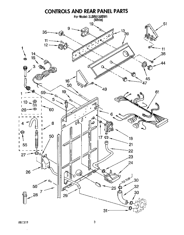 CONTROLS AND REAR PANEL Diagram and Parts List for 3LBR5132BW1  Whirlpool Washer