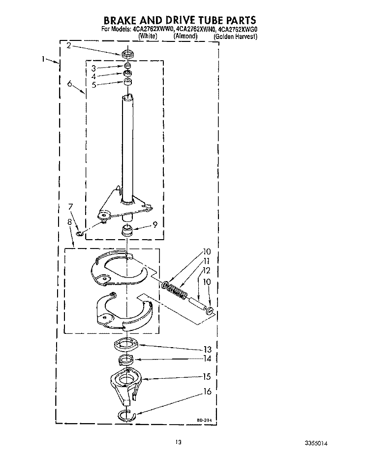 BRAKE AND DRIVE TUBE Diagram and Parts List for 4CA2762XWW0  Whirlpool Washer