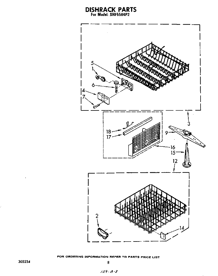 DISHRACK Diagram and Parts List for SHF5584P2  Whirlpool Dishwasher