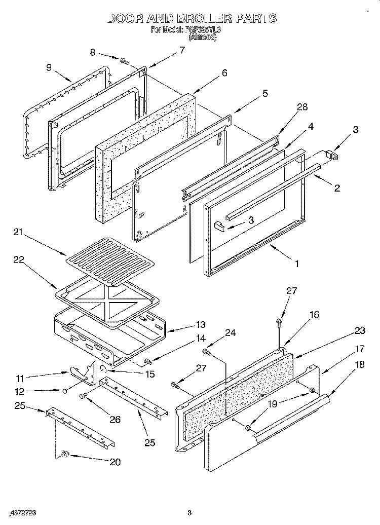 DOOR AND BROILER Diagram and Parts List for FGP325YL3  Roper Range