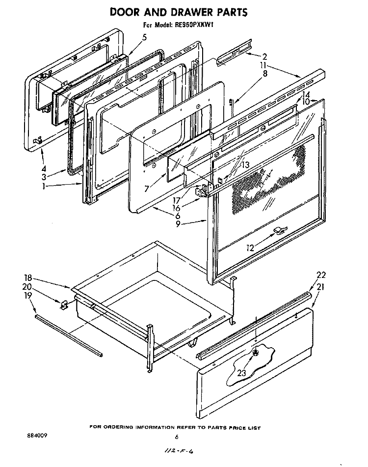 DOOR AND DRAWER Diagram and Parts List for RE960PXKW1  Whirlpool Range
