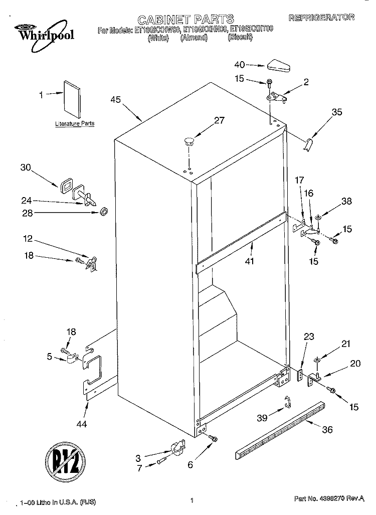 CABINET, LITERATURE Diagram and Parts List for ET18GKXHN00  Whirlpool Refrigerator
