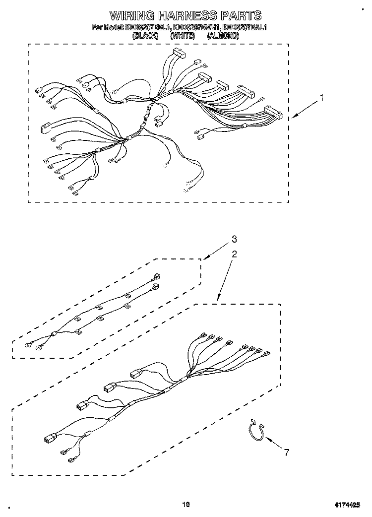 WIRING HARNESS Diagram and Parts List for KEDS207BWH1  KitchenAid Range