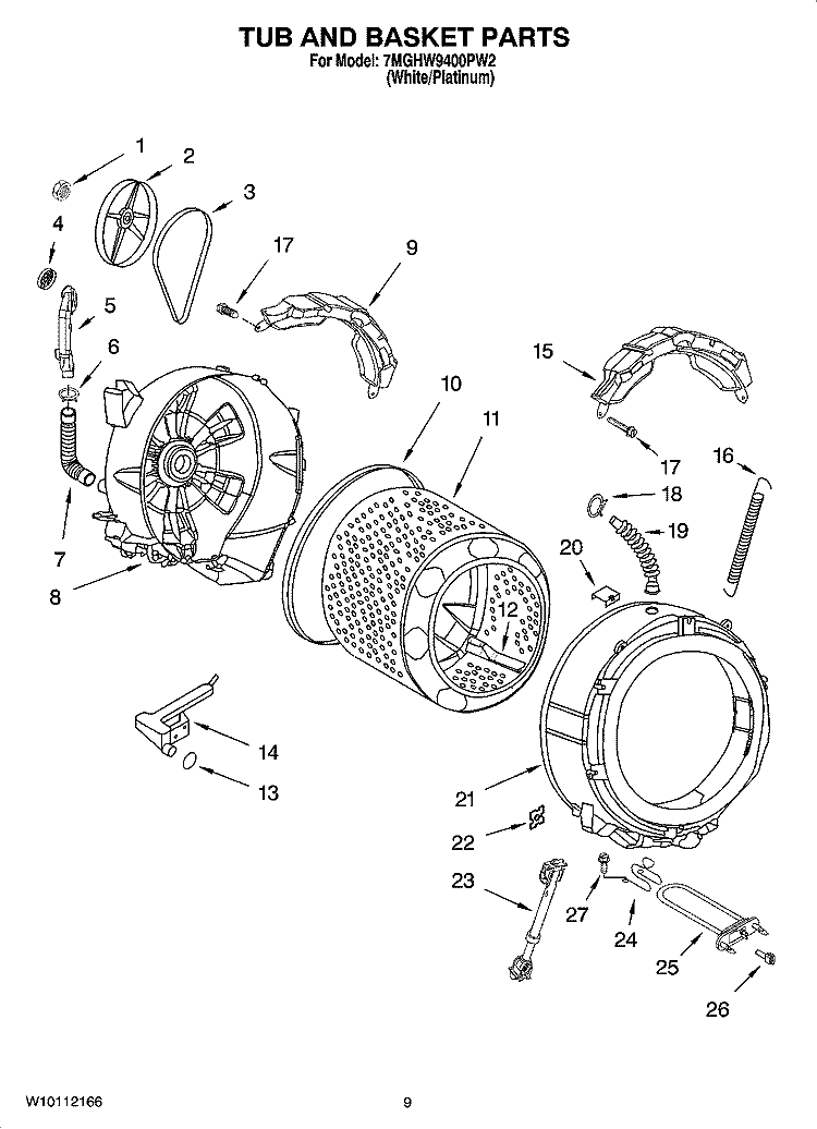 TUB AND BASKET PARTS Diagram and Parts List for 7MGHW9400PW2  Whirlpool Washer