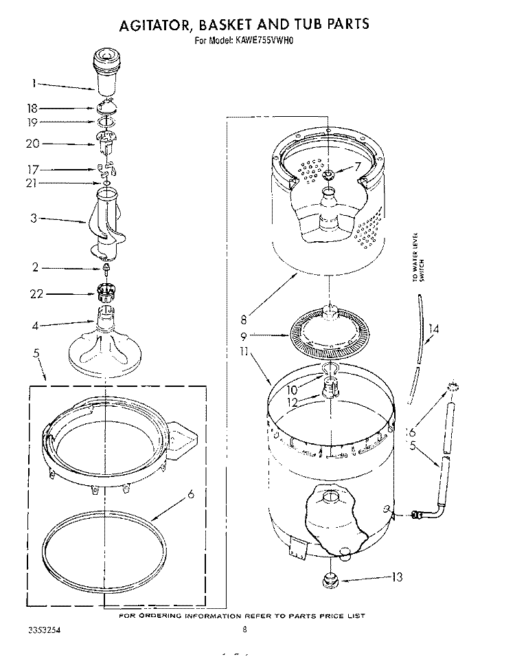 AGITATOR, BASKET AND TUB Diagram and Parts List for KAWE755VWH0  KitchenAid Washer