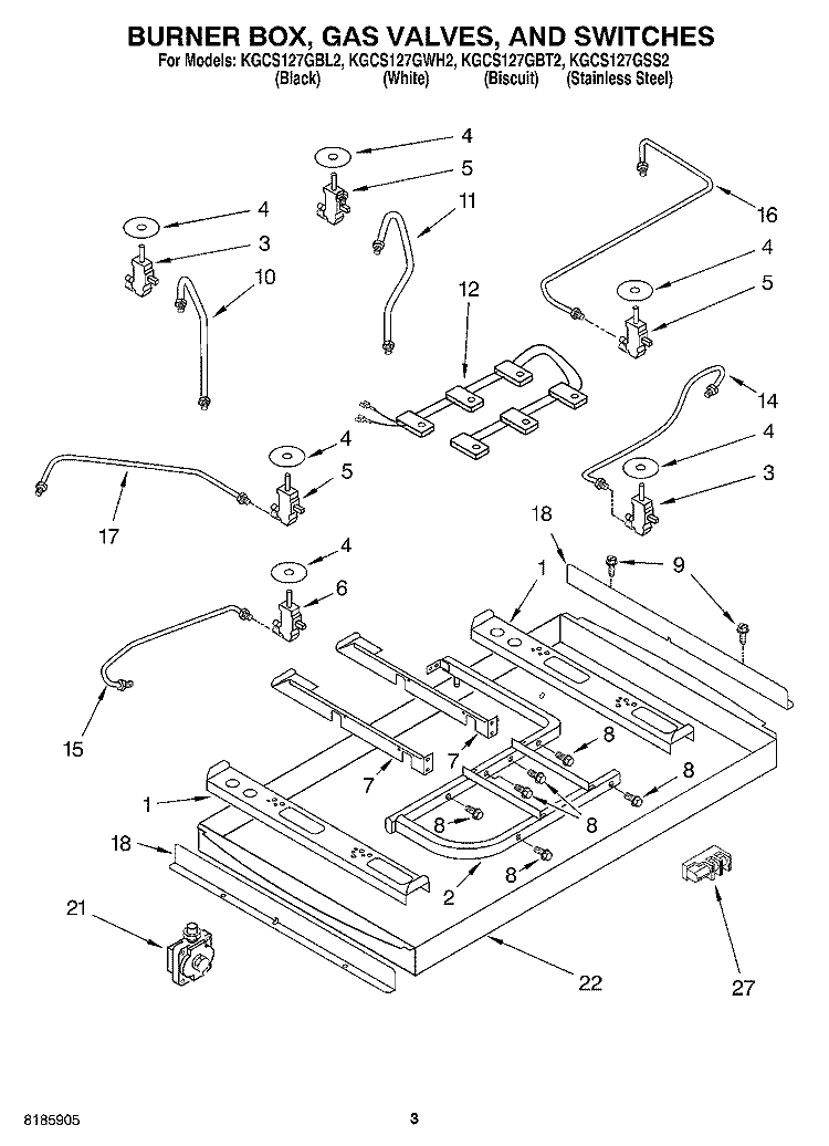 BURNER BOX, GAS VALVES, AND SWITCHES Diagram and Parts List for KGCS127GBL2  KitchenAid Cooktop