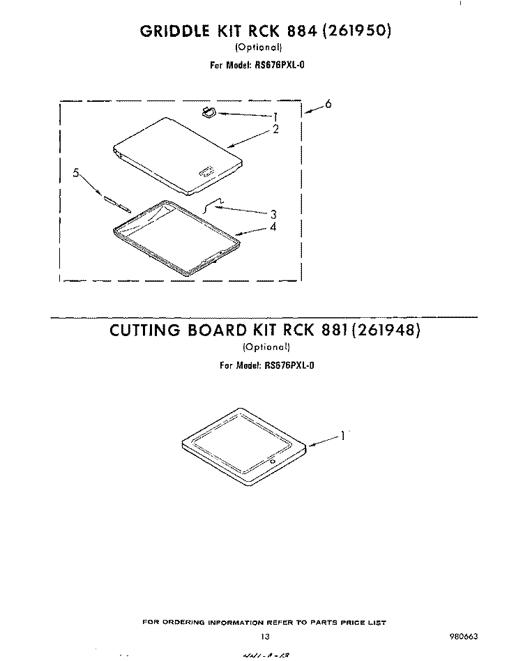 GRIDDLE KIT RCK 884 , CUTTING  BOAR Diagram and Parts List for RS676PXL0  Whirlpool Range