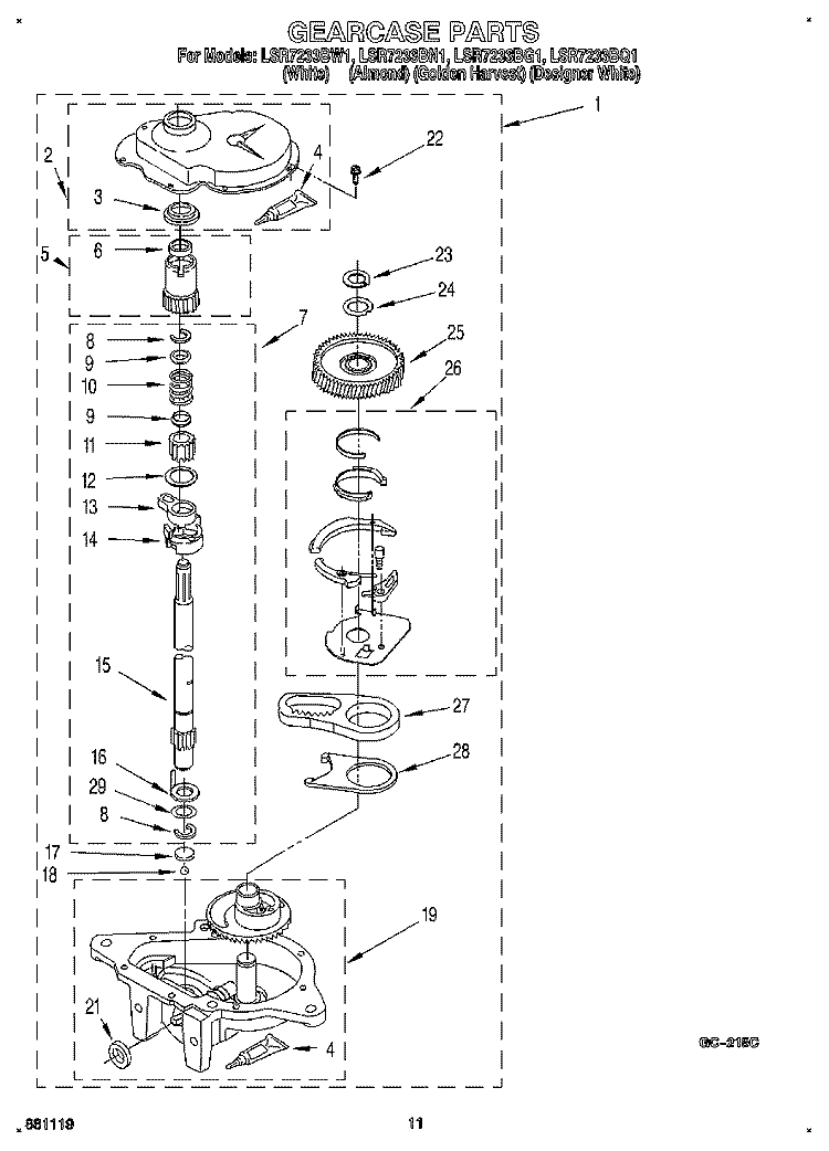 GEARCASE Diagram and Parts List for LSR7233BG1  Whirlpool Washer