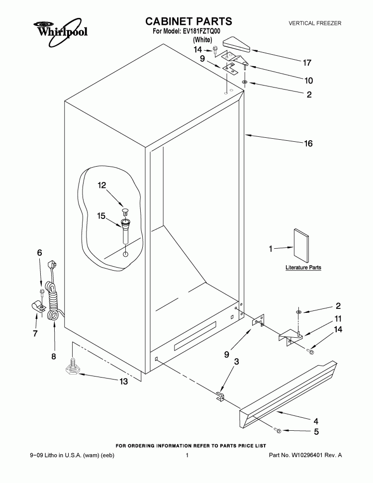CABINET PARTS Diagram and Parts List for EV181FZTQ00  Whirlpool Freezer