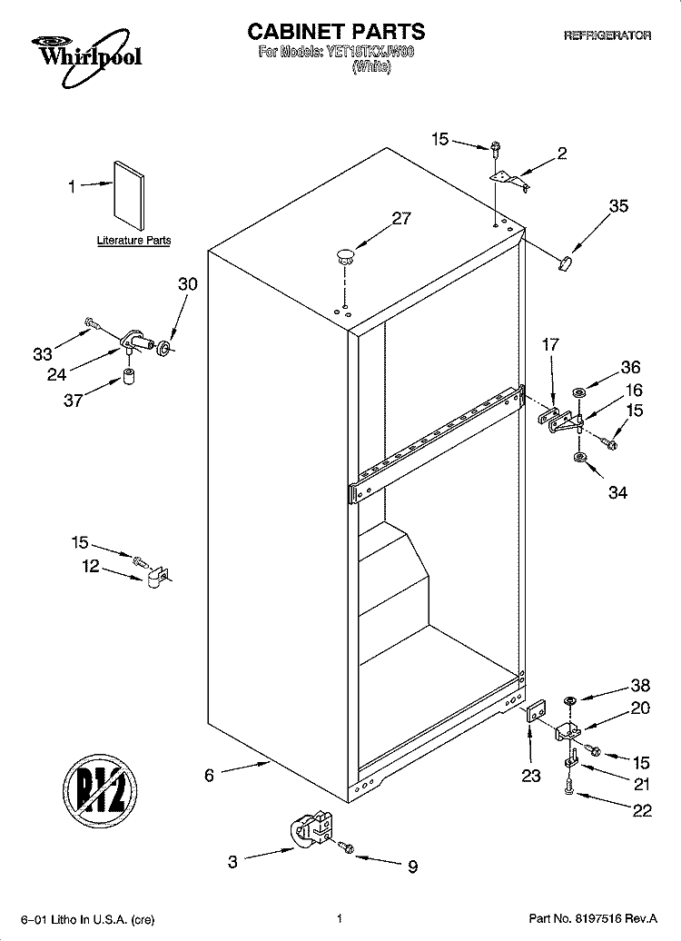 CABINET PARTS Diagram and Parts List for YET18TKXJW00  Whirlpool Refrigerator