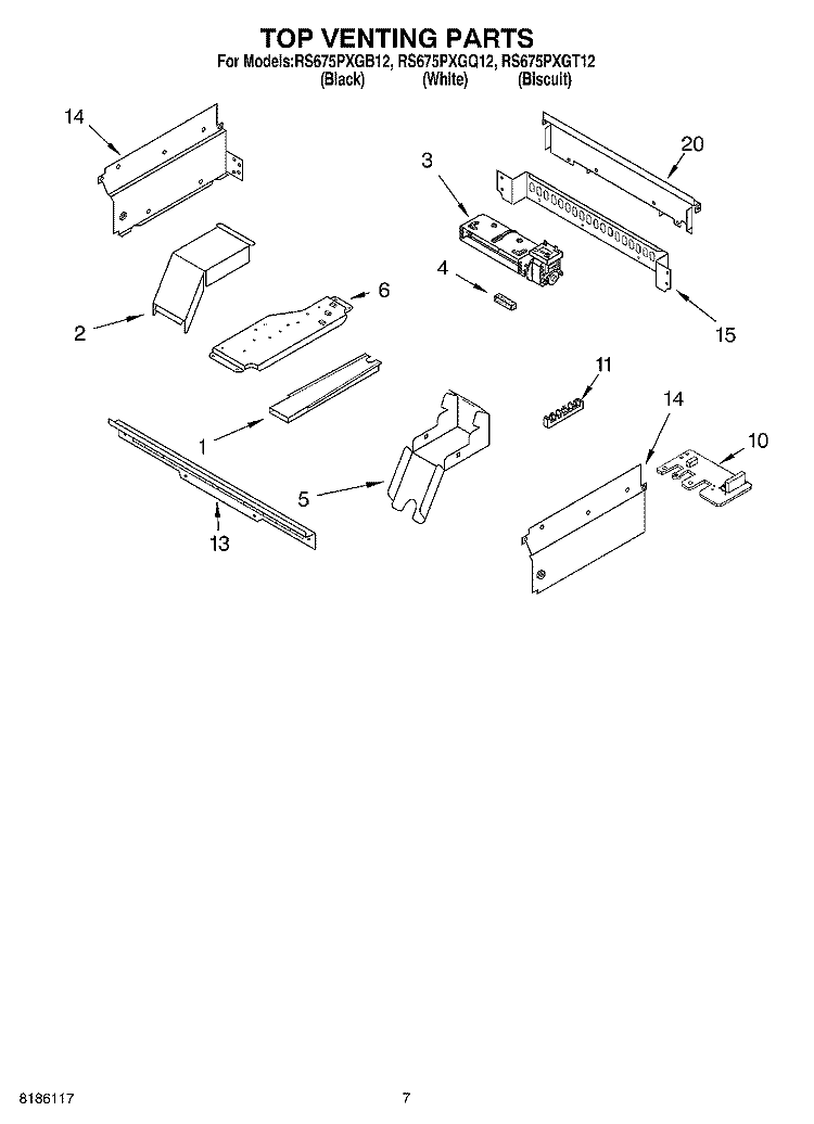 TOP VENTING PARTS, OPTIONAL PARTS Diagram and Parts List for RS675PXGB12  Whirlpool Range