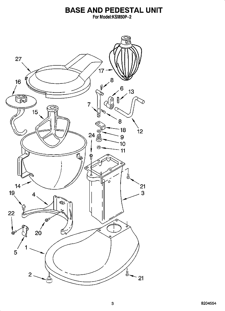 BASE AND PEDESTAL UNIT Diagram and Parts List for KSM50P-2  KitchenAid Mixer