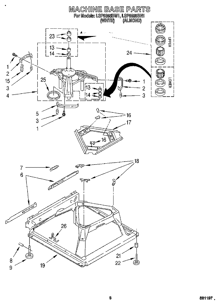 MACHINE BASE Diagram and Parts List for LSP9355BN1  Whirlpool Washer