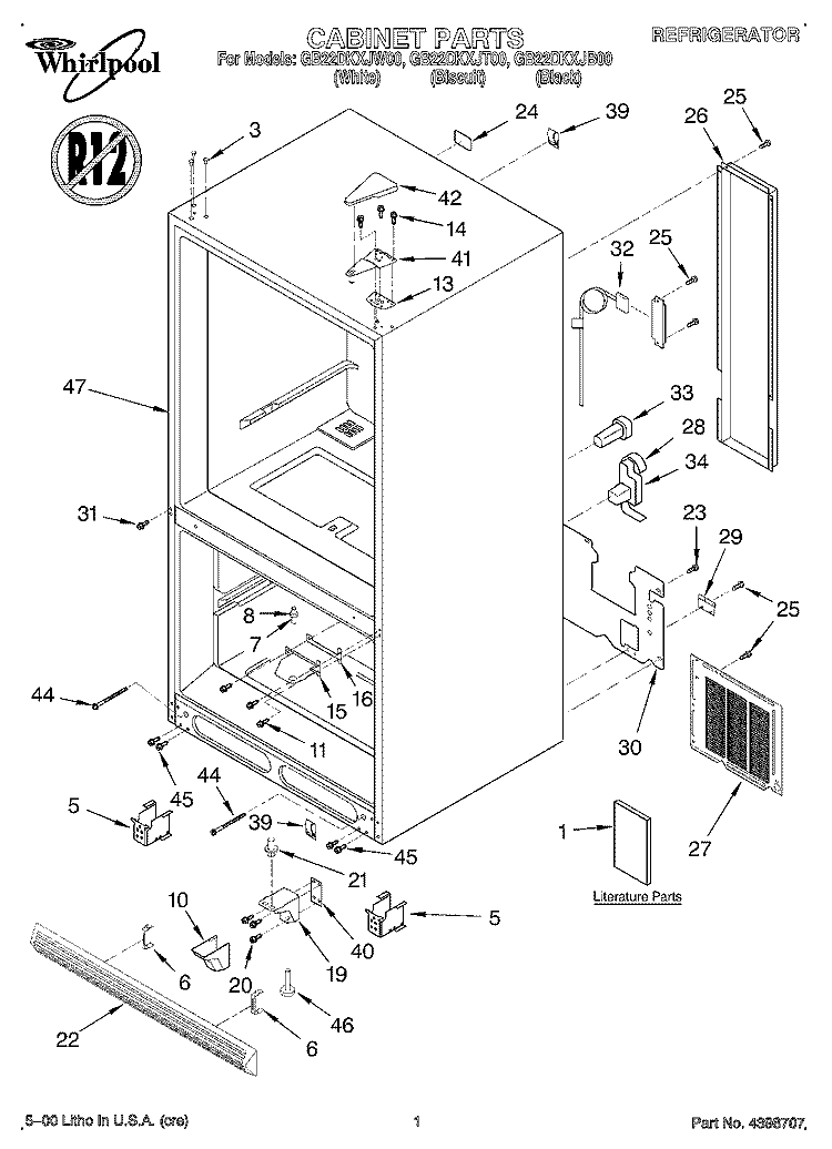 CABINET, LITERATURE Diagram and Parts List for GB22DKXJW00  Whirlpool Refrigerator