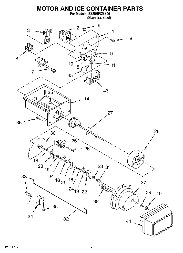 MOTOR AND ICE CONTAINER PARTS Diagram and Parts List for SS25HFXMS00  Whirlpool Refrigerator