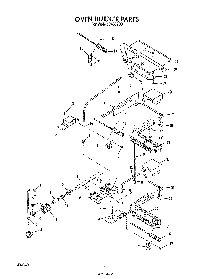 OVEN BURNER Diagram and Parts List for B4607B0  Roper Range