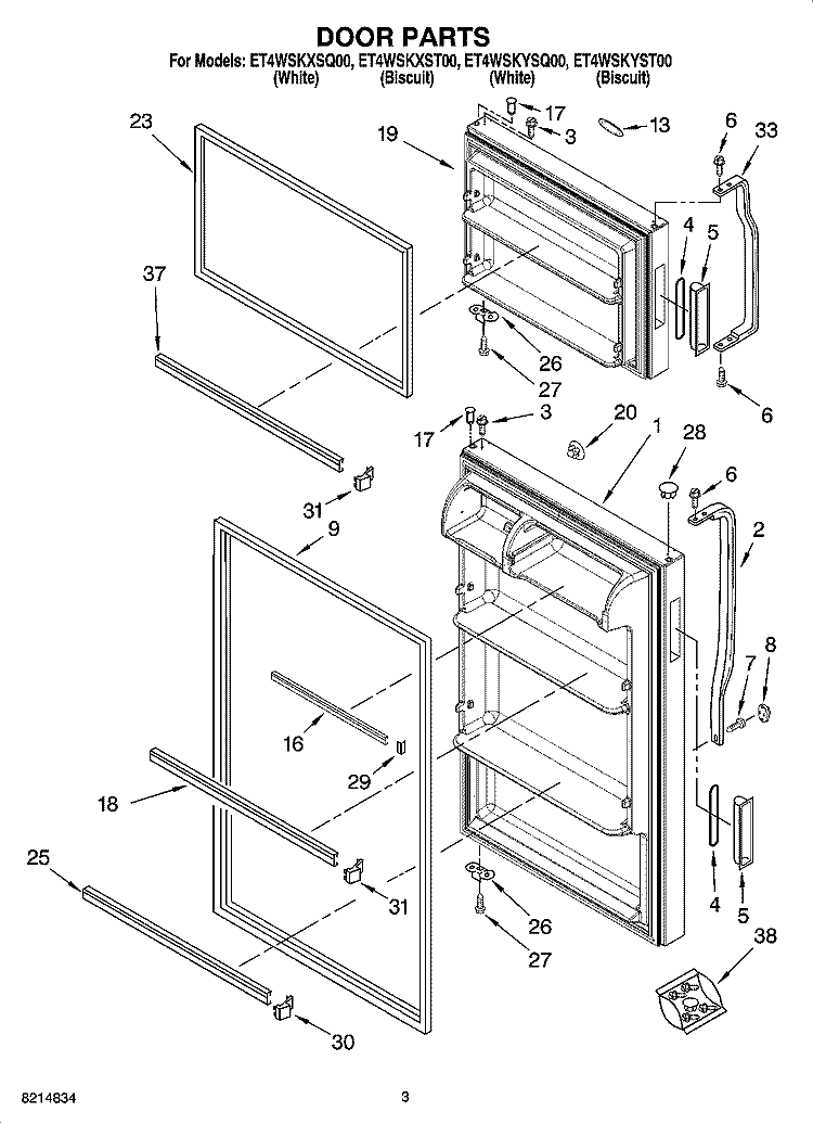DOOR PARTS Diagram and Parts List for ET4WSKXST00  Whirlpool Refrigerator