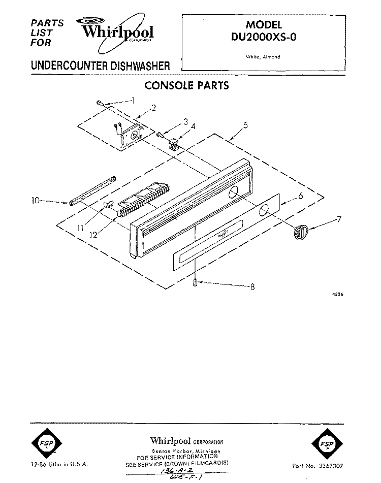 CONSOLE Diagram and Parts List for DU2000XS0  Whirlpool Dishwasher