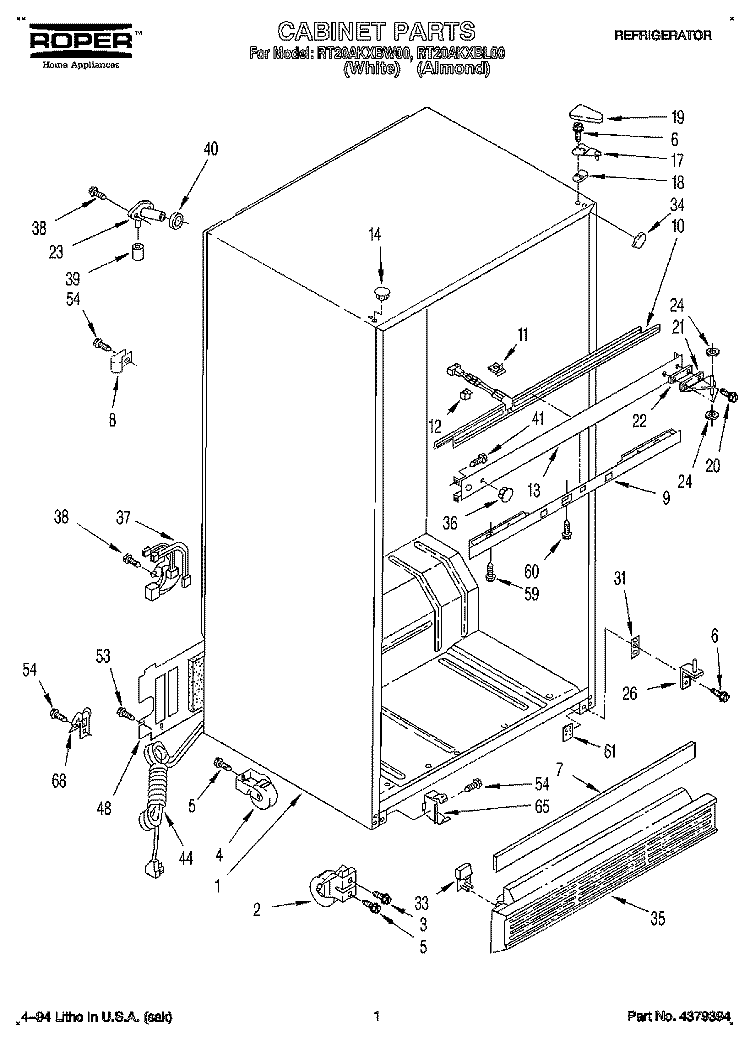 CABINET Diagram and Parts List for RT20AKXBW00  Roper Refrigerator