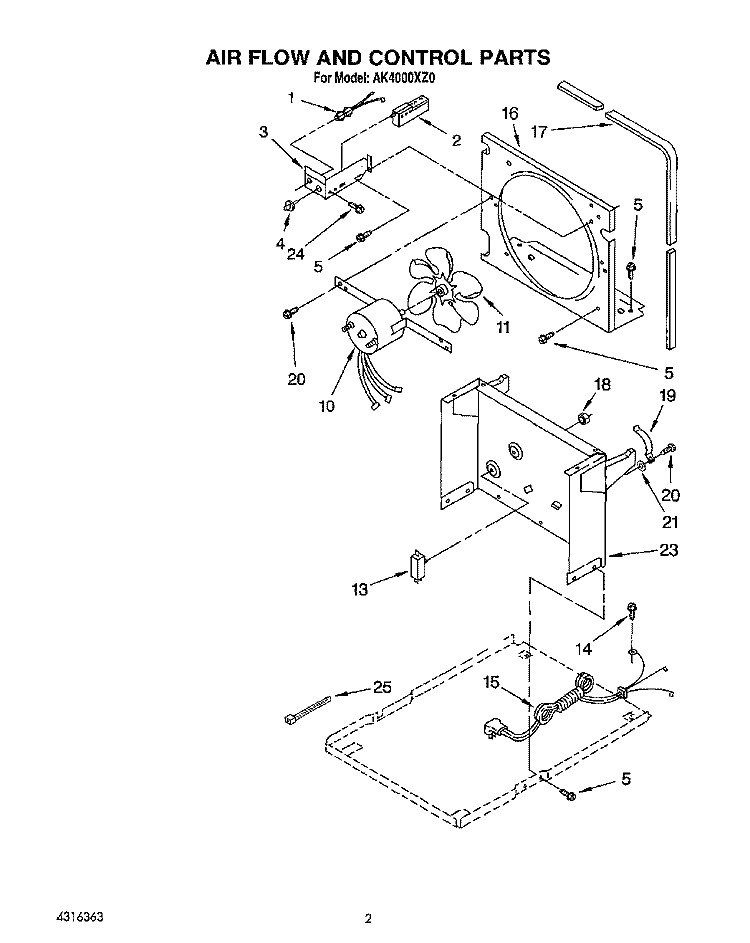 AIR FLOW AND CONTROL Diagram and Parts List for AK4000XZ0  Whirlpool Dehumidifier