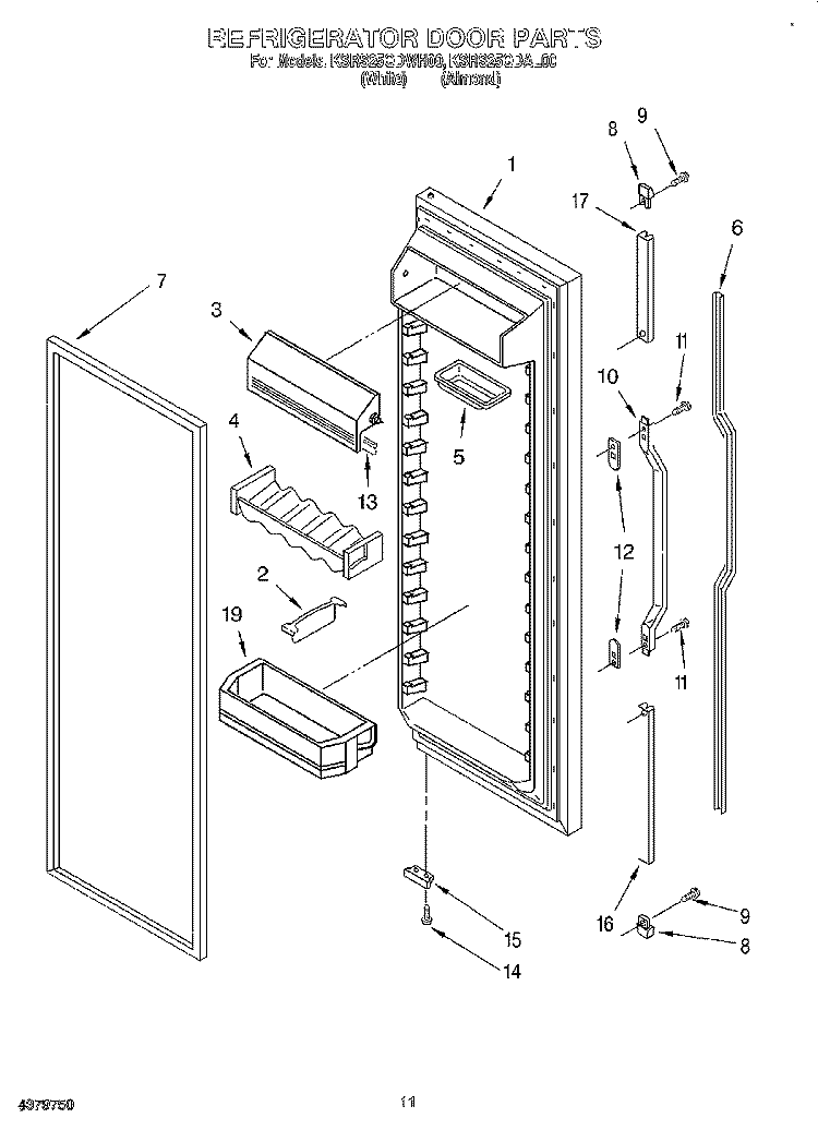REFRIGERATOR DOOR Diagram and Parts List for KSRS25QDAL00  KitchenAid Refrigerator