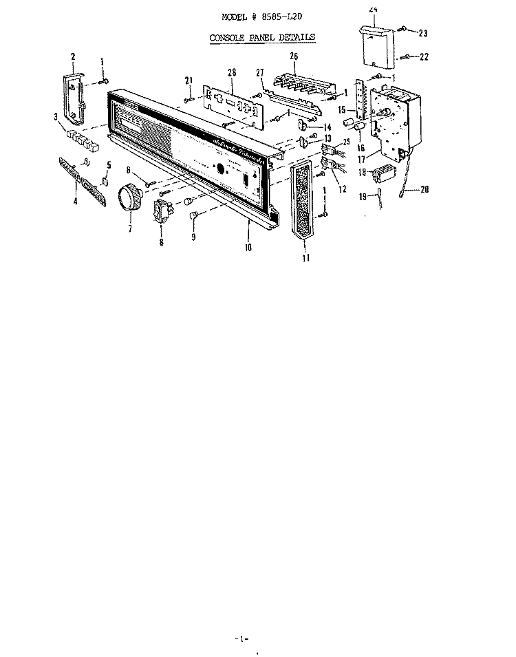 CONSOLE PANEL Diagram and Parts List for 8585L20  Roper Dishwasher