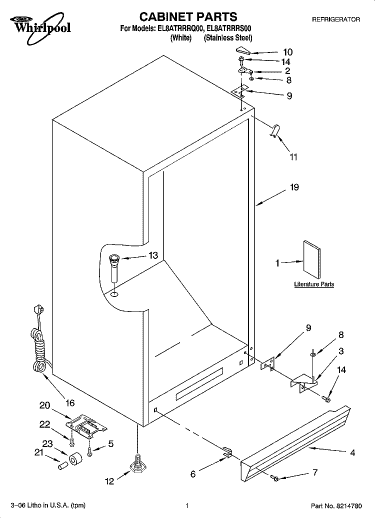 CABINET PARTS Diagram and Parts List for EL8ATRRRQ00  Whirlpool Refrigerator