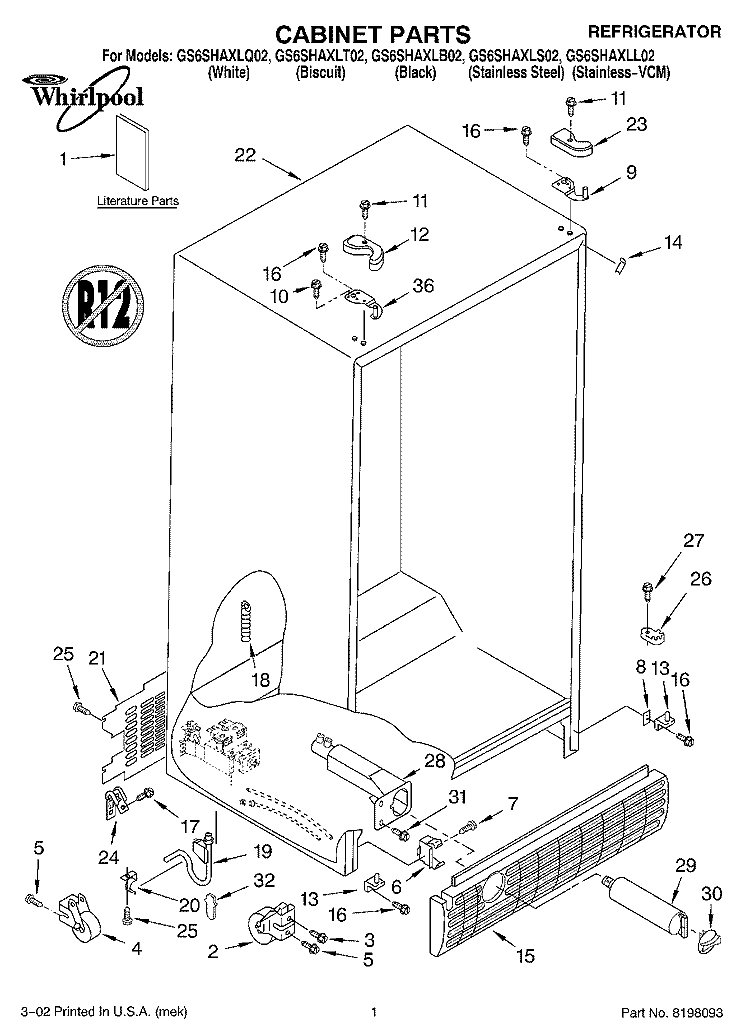 CABINET, LITERATURE Diagram and Parts List for GS6SHAXLT02  Whirlpool Refrigerator
