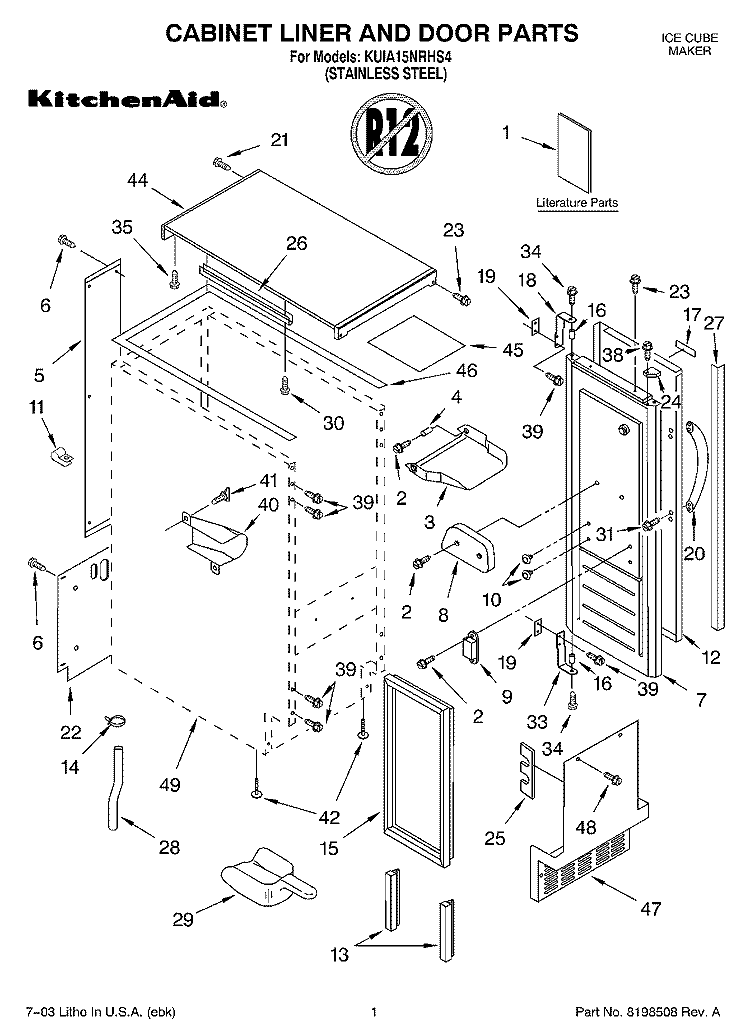 CABINET LINER AND DOOR PARTS Diagram and Parts List for KUIA15NRHS4  KitchenAid Ice Maker