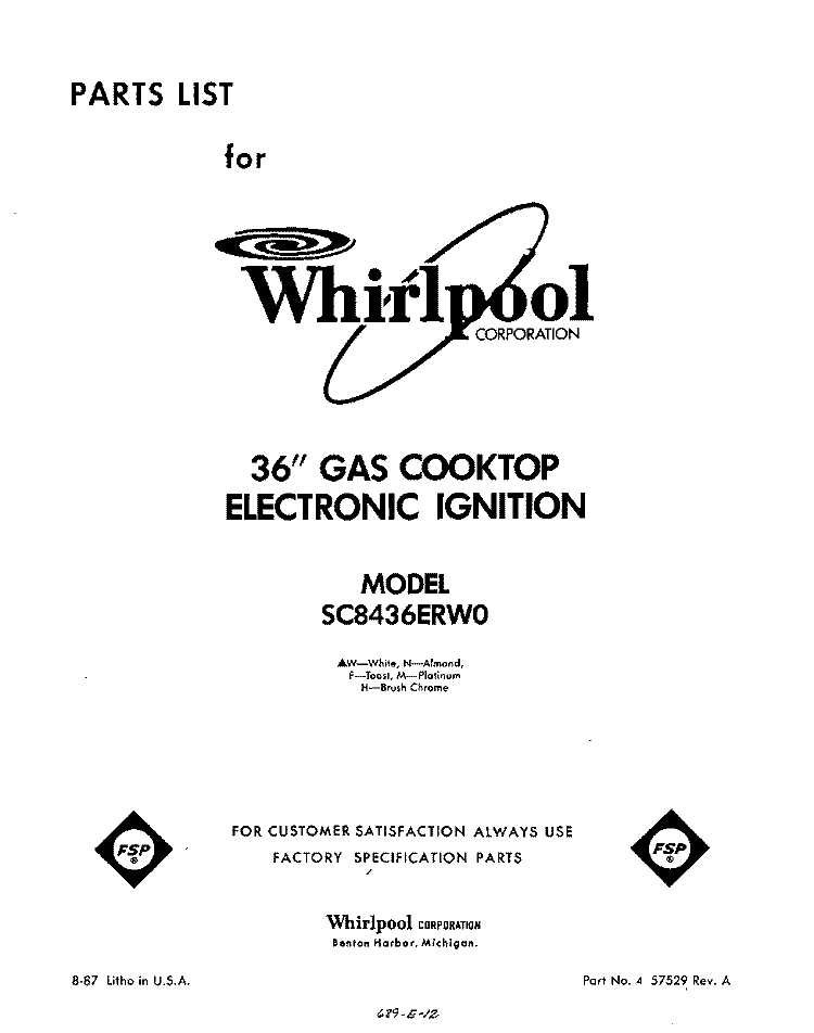 SECTION Diagram and Parts List for SC8436ERW0  Whirlpool Cooktop