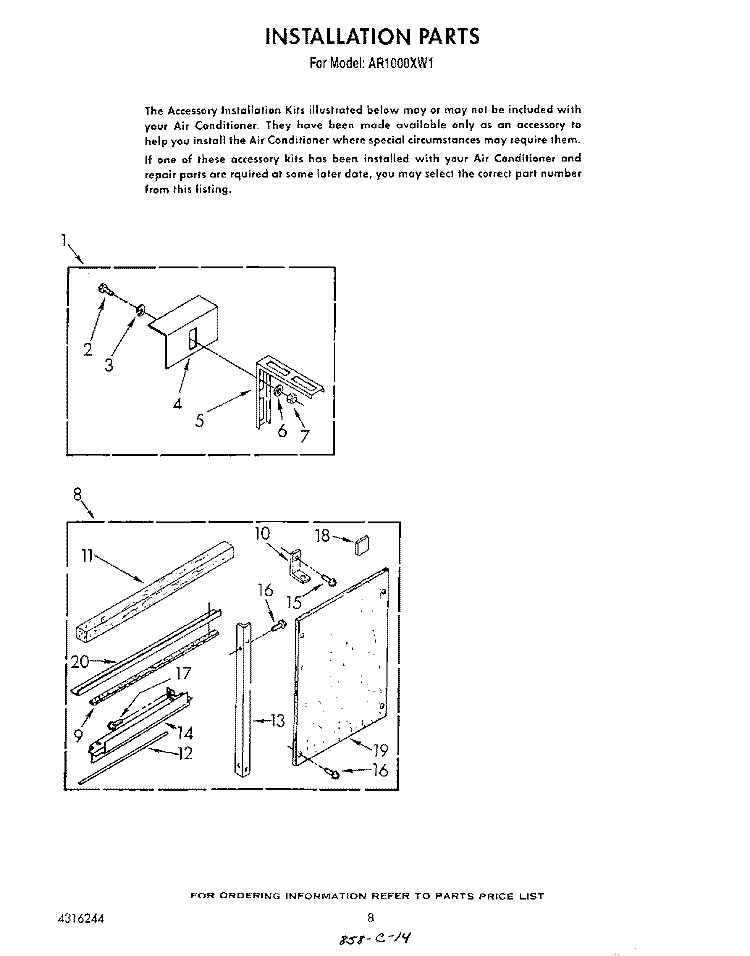 INSTALLATION Diagram and Parts List for AR1000XW1  Whirlpool Air Conditioner