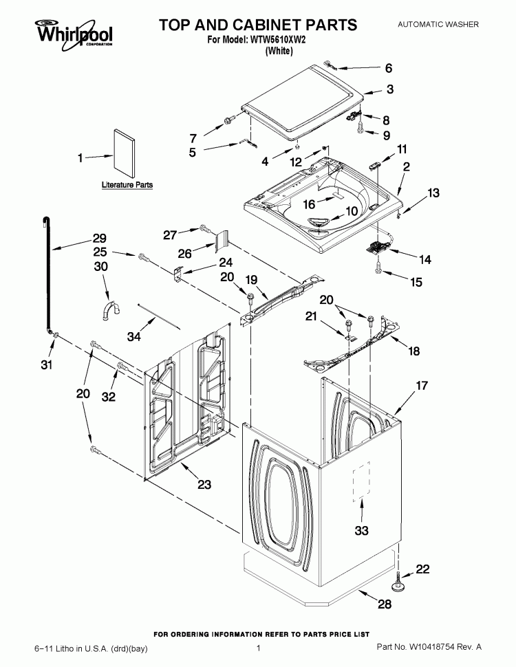 TOP AND CABINET PARTS Diagram and Parts List for WTW5610XW2  Whirlpool Washer