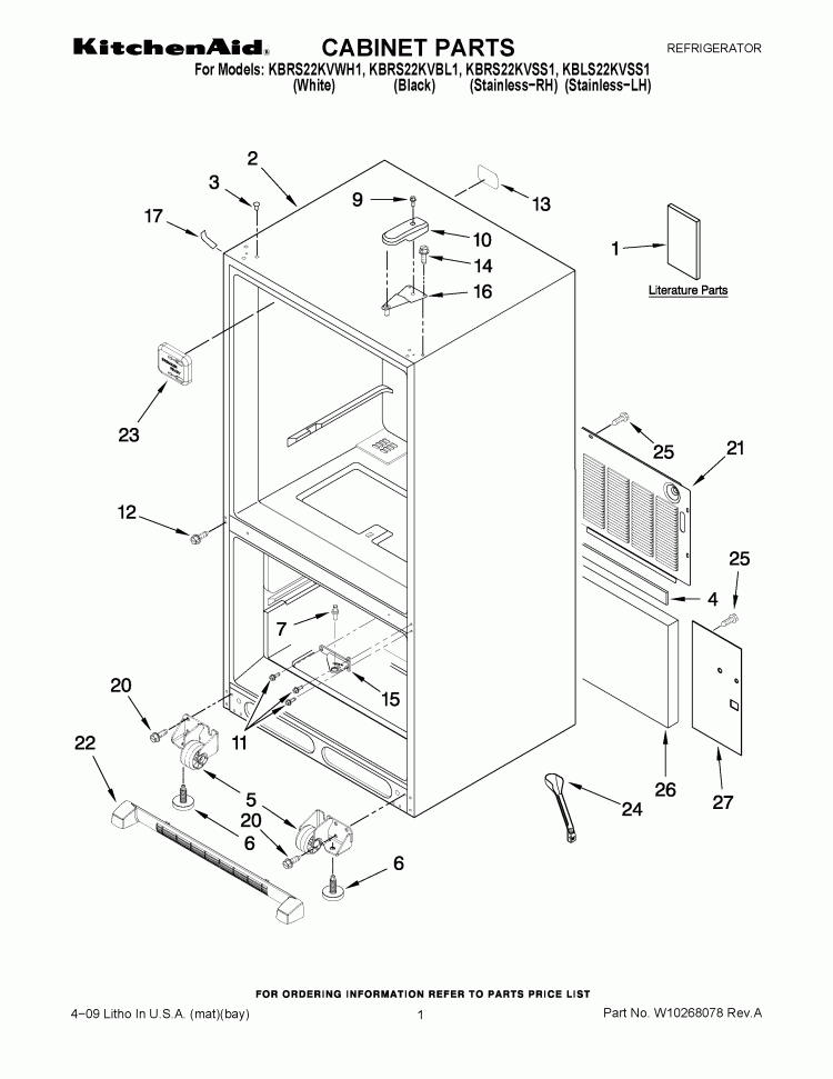 CABINET PARTS Diagram and Parts List for KBRS22KVBL1  KitchenAid Refrigerator