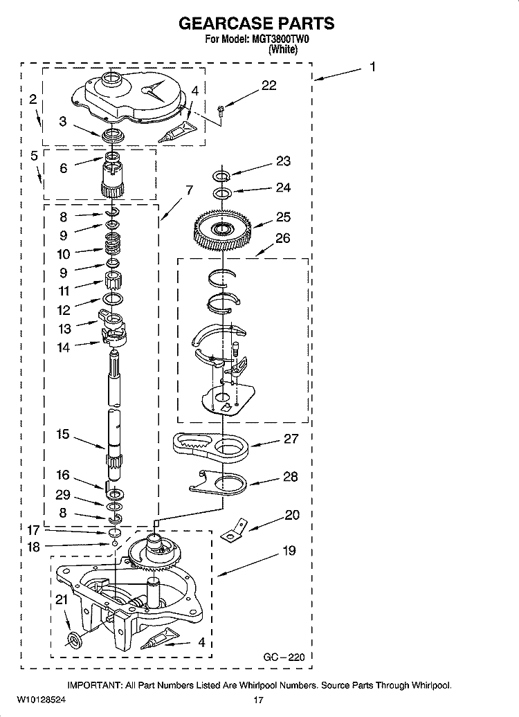 GEARCASE PARTS Diagram and Parts List for MGT3800TW0  Maytag Washer Dryer Combo